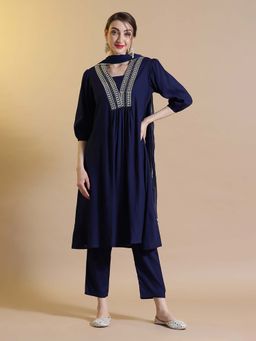 STYLEBAAZI - Navy Blue Embroidered V-Neck Kurta and Pant with Chiffon Dupatta (Set of 3)
