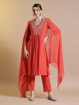STYLEBAAZI - Orange Embroidered V-Neck Kurta and Pant with Chiffon Dupatta (Set of 3)