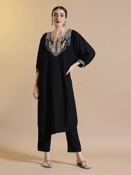 STYLEBAAZI - Embroidered Black Viscose Rayon Kaftan Solid Kurta with Pant (Set of 2)