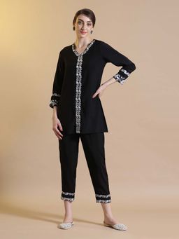 STYLEBAAZI - Embroidered Black Silk Blend Straight Kurti with Pant (Set of 2)