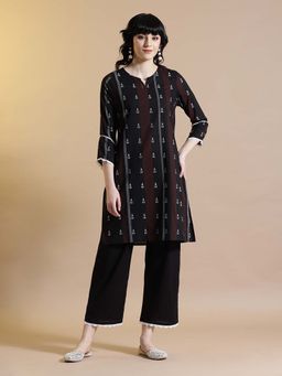 STYLEBAAZI - Ikat Printed Black Pure Cotton Straight Kurta with Pant (Set of 2)