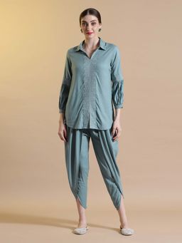 STYLEBAAZI - Embroidered Green Viscose Rayon Kurti with Dhoti Pants (Set of 2)