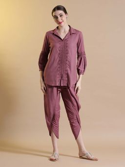 STYLEBAAZI - Embroidered Pink Viscose Rayon Kurti with Dhoti Pants (Set of 2)