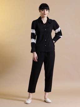 STYLEBAAZI - Shirt Collar Solid Pure Cotton Black Co-Ord (Set of 2)