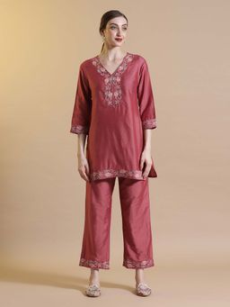 STYLEBAAZI - Embroidered Red Silk Blend Straight Kurti with Pant (Set of 2)