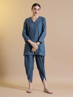 STYLEBAAZI - Embroidered Blue Viscose Rayon Straight Kurti with Dhoti Pants (Set of 2)
