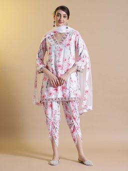 STYLEBAAZI - Floral Printed White Kurta with Dhoti and Dupatta (Set of 3)