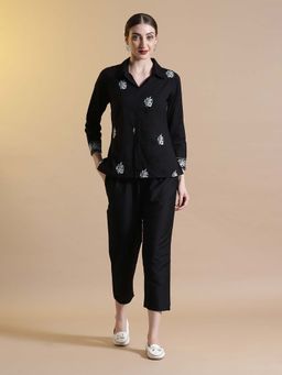 STYLEBAAZI - Shirt Collar Embroidered Cotton Black Co-Ord (Set of 2)