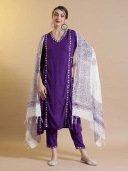 STYLEBAAZI - Embroidered Red Pakistani Style Kurta with Pant and Dupatta (Set of 3)