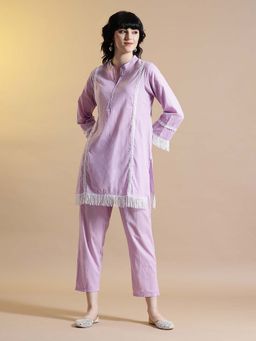STYLEBAAZI - Solid Purple Cotton Pakistani Style Kurti with Pant (Set of 2)