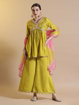 STYLEBAAZI - Solid Green Lace Work Kurta with Palazzo and Dupatta (Set of 3)