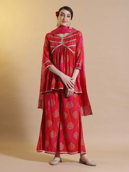 STYLEBAAZI - Printed Red Kurti with Palazzo and Dupatta (Set of 3)