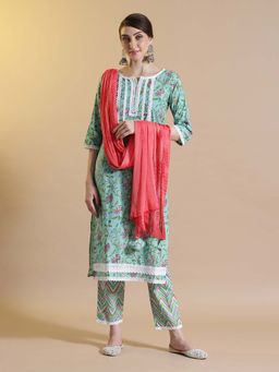 STYLEBAAZI - Floral Printed Green Straight Kurta with Pant and Dupatta (Set of 3)