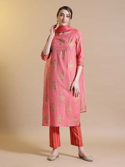 STYLEBAAZI - Peach Straight Block Printed Kurta with Pant and Dupatta (Set of 3)