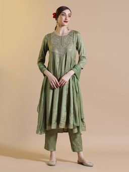STYLEBAAZI - Olive Printed Embroidered Anarkali Kurta with Pant and Dupatta (Set of 3)