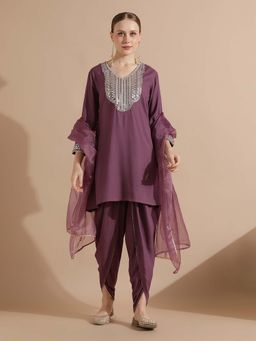 STYLEBAAZI - Embroidered V-Neck Straight Kurta and Dhoti Pants with Dupatta (Set of 3)