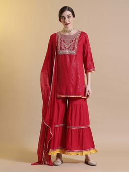 STYLEBAAZI - Red Stripes Embroidered Kurti with Sharara and Dupatta (Set of 3)