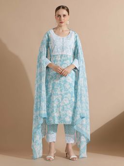 STYLEBAAZI - Blue Printed Embroidered Kurta and Pant with Dupatta (Set of 3)