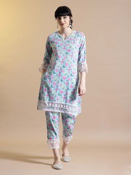 STYLEBAAZI - Floral Printed A-Line Kantha Work Kurta and Pant (Set of 2)