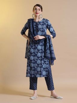STYLEBAAZI - Navy Blue Floral Print Straight Kurta and Pant with Dupatta (Set of 3)