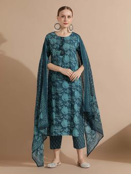 STYLEBAAZI - Teal Floral Print Straight Kurta and Pant with Dupatta (Set of 3)