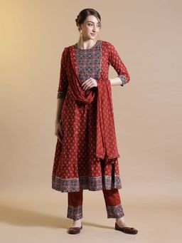 STYLEBAAZI - Maroon Hand Block Printed Anarkali Kurta and Pant with Dupatta (Set of 3)