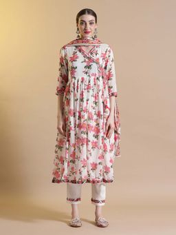 STYLEBAAZI - Red Floral Print Angarkha Kurta and Pant with Dupatta (Set of 3)