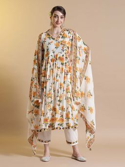 STYLEBAAZI - Yellow Floral Print Angarkha Kurta and Pant with Dupatta (Set of 3)