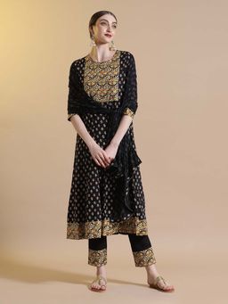 STYLEBAAZI - Black Hand Block Printed Anarkali Kurta and Pant with Dupatta (Set of 3)