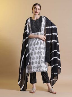 STYLEBAAZI - White Hand Block Print Kurta and Pant with Dupatta (Set of 3)