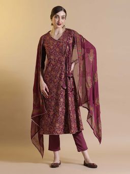 STYLEBAAZI - Maroon Printed Angarkha Kurta and Pant with Dupatta (Set of 3)