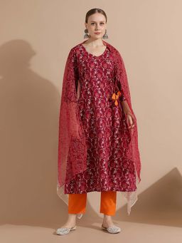 STYLEBAAZI - Red Printed Straight Angarkha Kurta and Pant with Dupatta (Set of 3)