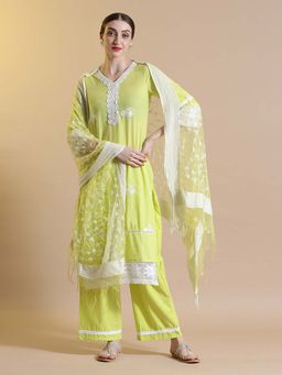 STYLEBAAZI - Embroidered V-Neck Thread Work Kurta and Palazzo with Dupatta (Set of 3)