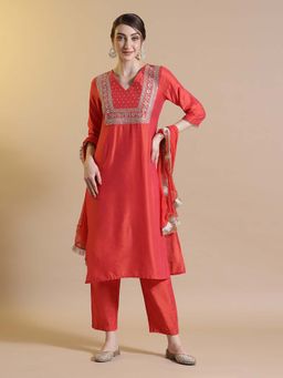STYLEBAAZI - Orange Embroidered A-Line Kurta and Pant with Dupatta (Set of 3)
