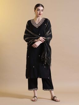 STYLEBAAZI - Black Embroidered Straight Kurta and Pant with Dupatta (Set of 3)