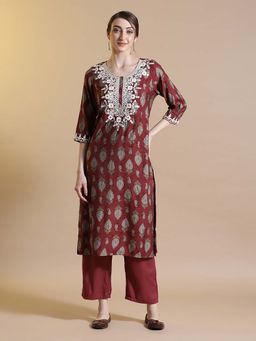 STYLEBAAZI - Rust Printed Embroidered Straight Kurta and Pant (Set of 2)
