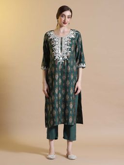 STYLEBAAZI - Green Printed Embroidered Straight Kurta and Pant (Set of 2)