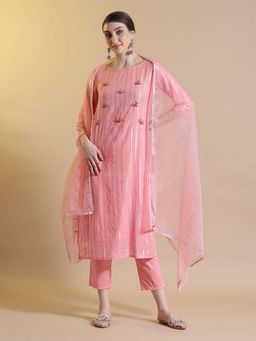 SHAHAD - Embroidered Round Neck Stripes Kurta and Pant with Dupatta (Set of 3)