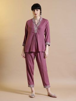 STYLEBAAZI - Mauve Embroidered Straight Co-Ord (Set of 2)