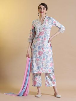 SHAHAD - Off White Floral Printed A-Line Kurta and Pant with Dupatta (Set of 3)