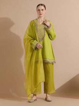 STYLEBAAZI - Embroidered Lace Work A-Line Kurti and Pant with Dupatta (Set of 3)