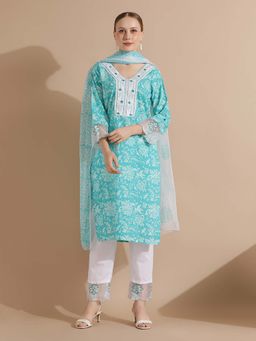 STYLEBAAZI - Turquoise Floral Printed Straight Kurta and Pant with Dupatta (Set of 3)