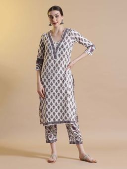 STYLEBAAZI - Brown and Off White Printed V-Neck Thread Work Kurta and Pant (Set of 2)