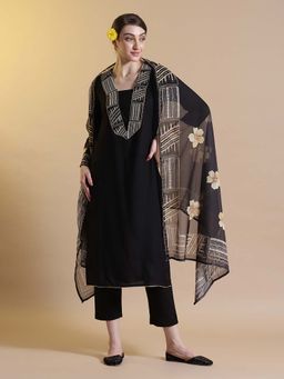 STYLEBAAZI - Black Embroidered Straight Kurta and Pant with Dupatta (Set of 3)