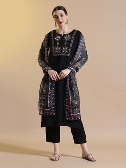 STYLEBAAZI - Black Embroidered Thread Work Kurta and Pant with Dupatta (Set of 3)