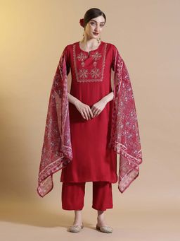 STYLEBAAZI - Red Embroidered Thread Work Kurta and Pant with Dupatta (Set of 3)