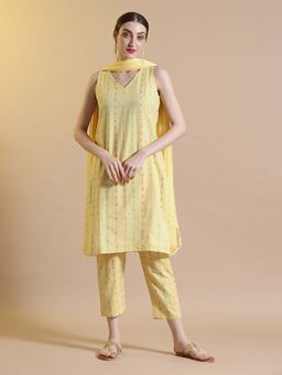 STYLEBAAZI - Yellow Woven Straight Kurta and Pant with Dupatta (Set of 3)
