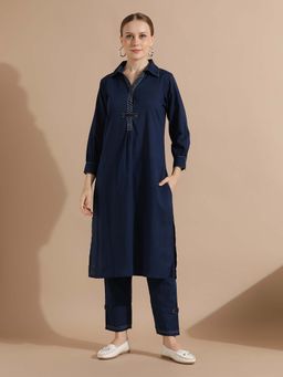 STYLEBAAZI - Navy Blue Solid A-Line Kurta and Pant (Set of 2)