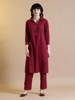 STYLEBAAZI - Maroon Solid A-Line Kurta and Pant (Set of 2)