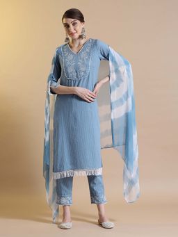 STYLEBAAZI - Embroidered Kantha Work Straight Kurta and Pant with Dupatta (Set of 3)